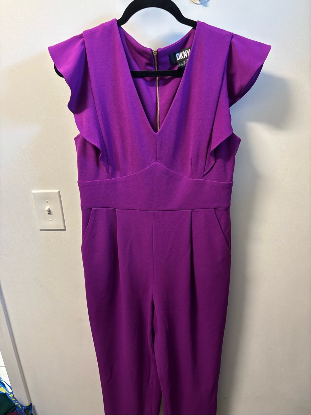 DKNY One-Shoulder Purple Jumpsuit with Flutter Detail
